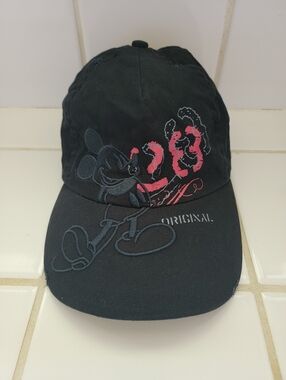 Disney Distressed Mickey Mouse Black Graphic Baseball Cap with Pink Accent